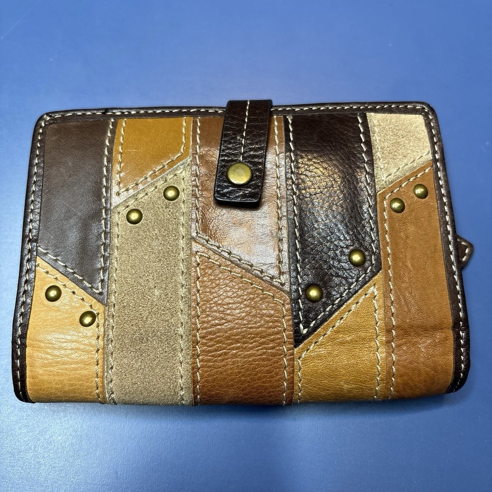 Fossil Leather Multicolor Patchwork Wallet Boho Retro Brown 90's Hippie Western